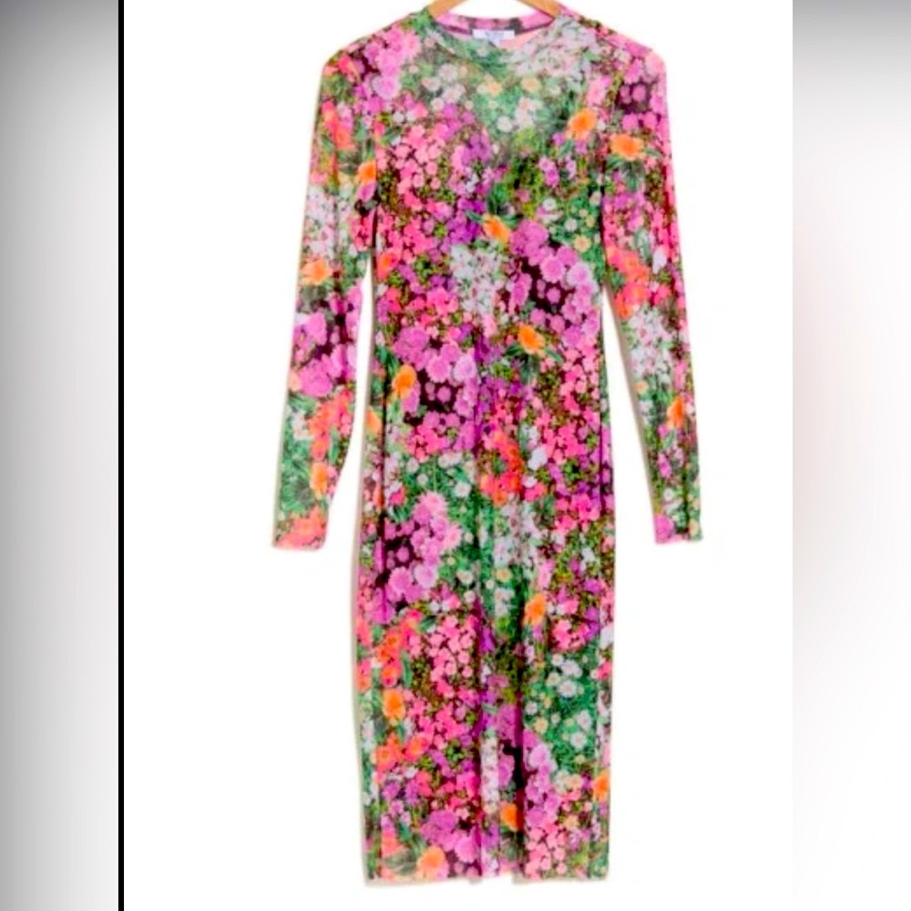 AFRM NWT Loah Long Sleeve Mesh Midi Dress In Digital Floral Multicolor Mesh